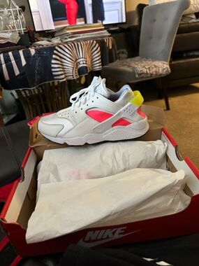 Nike White Sneakers with Pink and Neon Yellow Accents